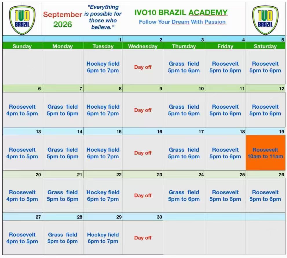 September 2026 training calendar